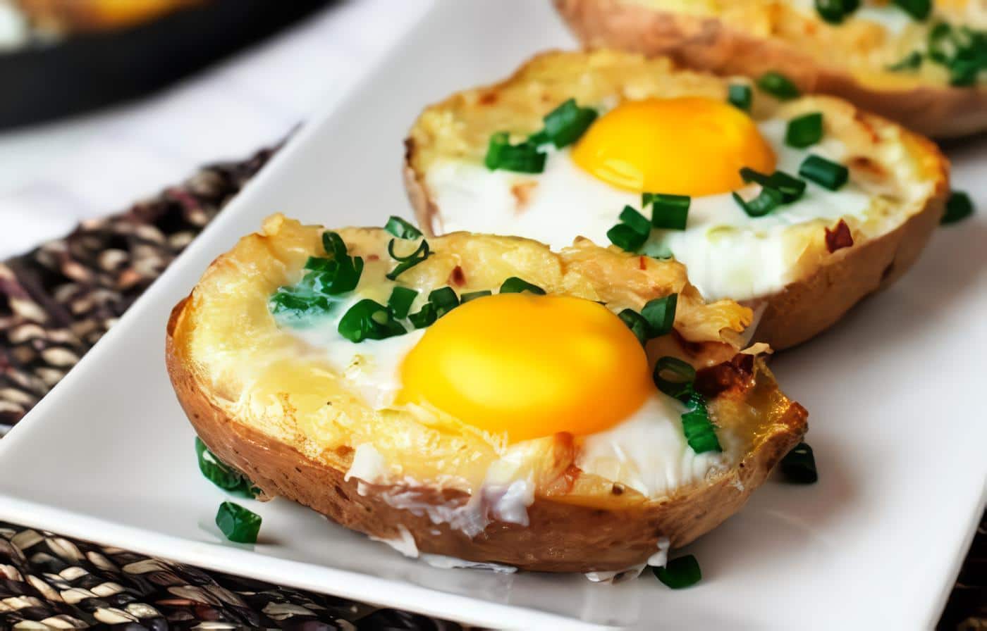 Papas rellenas con huevo y tocino