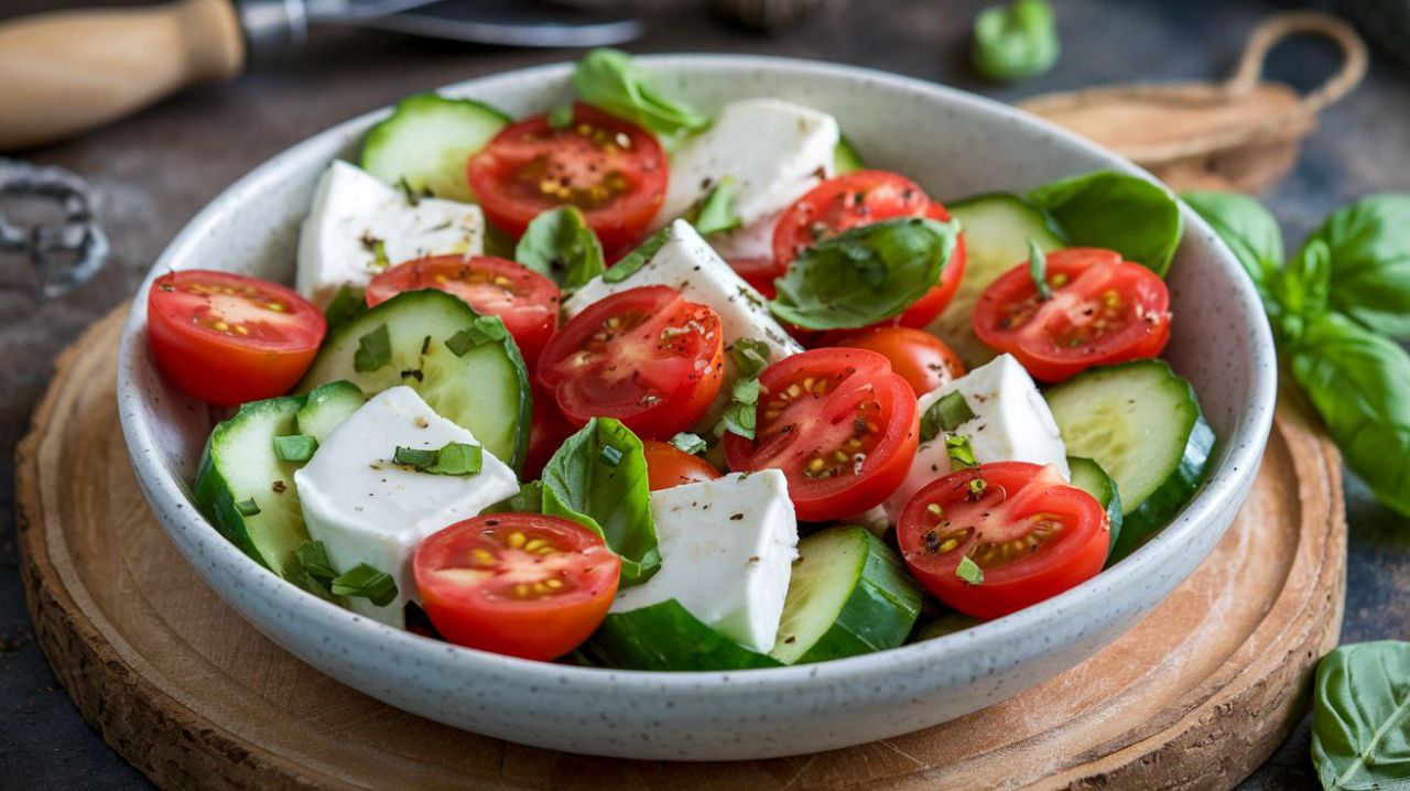 Ensalada fresca de pepino, tomate cherry y queso feta